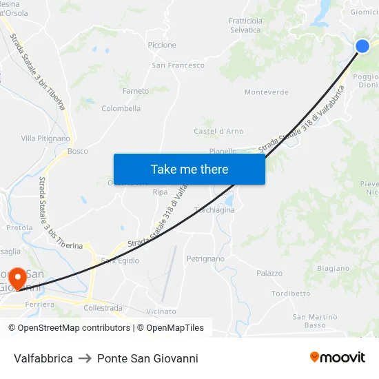 Valfabbrica to San Giovanni Bridge map