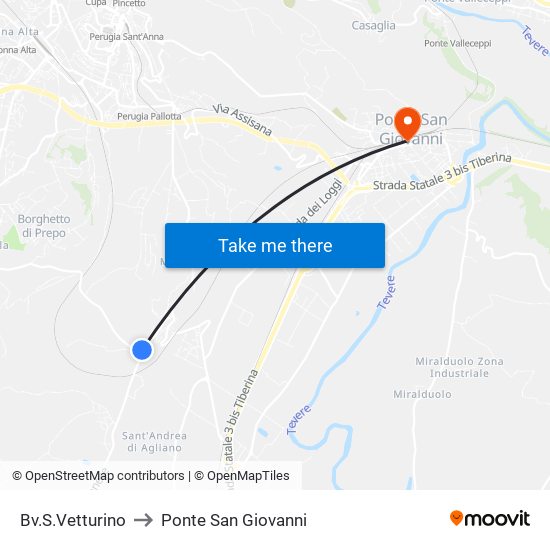 Bv.S.Vetturino to Ponte San Giovanni map