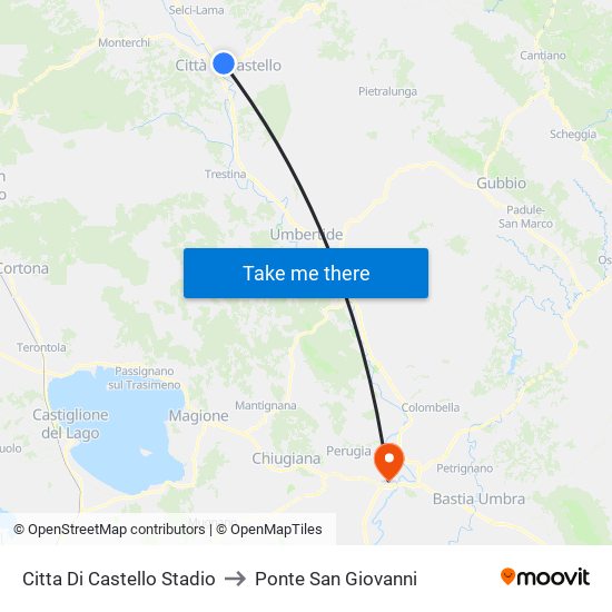 Citta' Di Castello Stadio to Ponte San Giovanni map