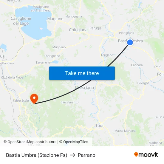 Bastia Umbra Station to Parrano map