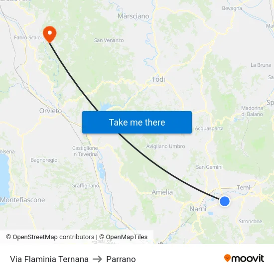 Via Flaminia Ternana to Parrano map