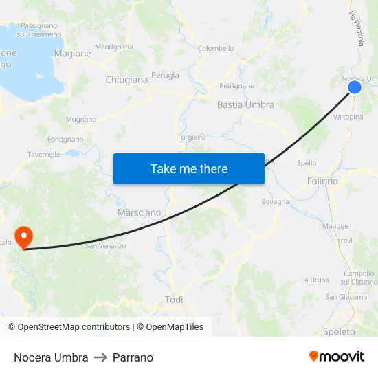 Nocera Umbra to Parrano map