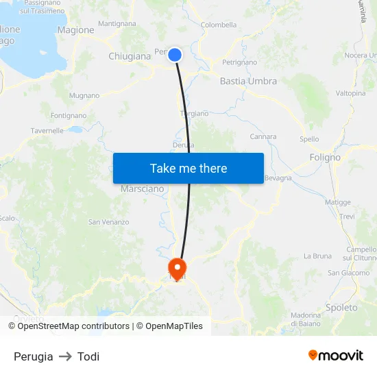 Perugia to Todi map