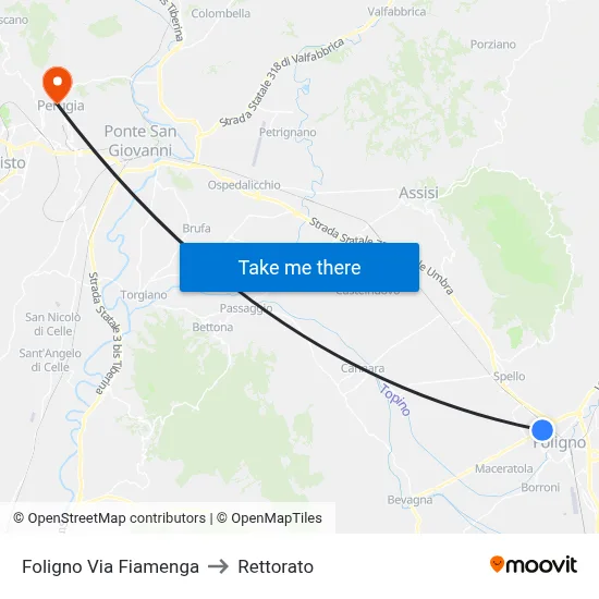 Foligno - Fiamenga Street to Rectorate map