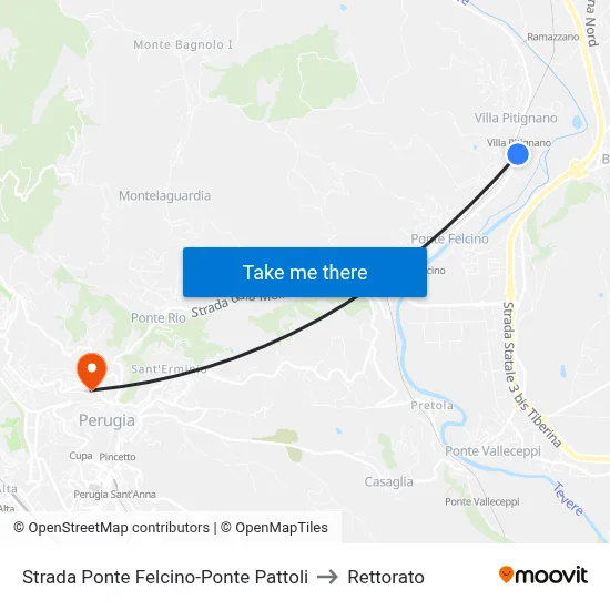 Ponte Felcino-Ponte Pattoli Road to Rectorate map