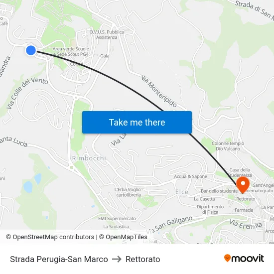 Perugia-San Marco Road to Rectorate map