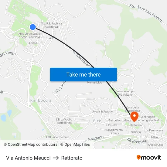 Antonio Meucci Street to Rectorate map