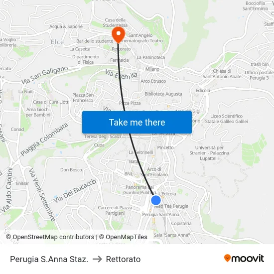 Perugia Saint Anna Station to Rectorate map