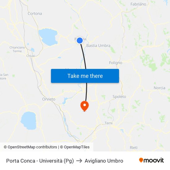 Porta Conca - Università (Pg) to Avigliano Umbro map