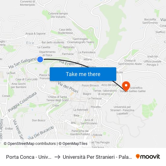 Porta Conca - Università (Pg) to Università Per Stranieri - Palazzina Prosciutti map