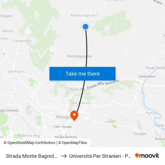 Strada Monte Bagnolo Valbiancara, 2 to Università Per Stranieri - Palazzina Prosciutti map