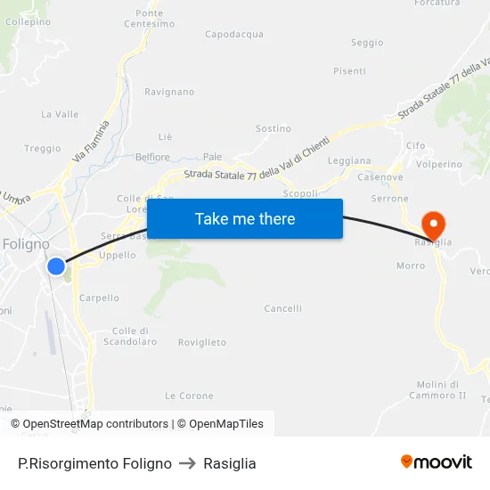 Piazza Risorgimento Foligno to Rasiglia map