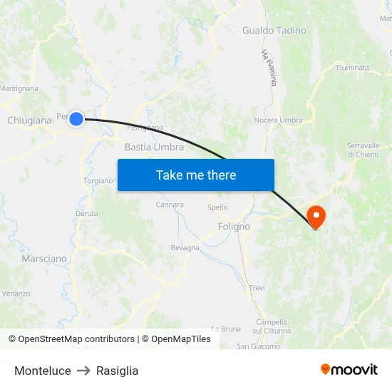 Monteluce to Rasiglia map