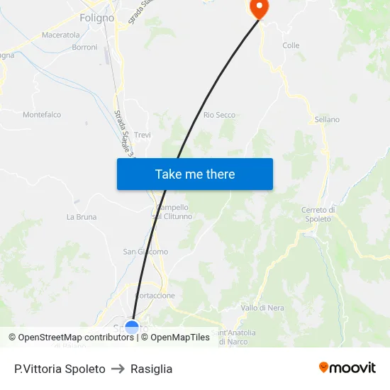 Piazza Vittoria Spoleto to Rasiglia map
