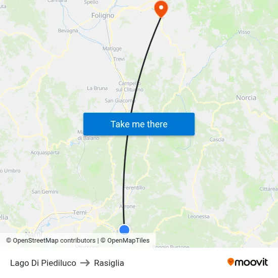 Lake Piediluco to Rasiglia map