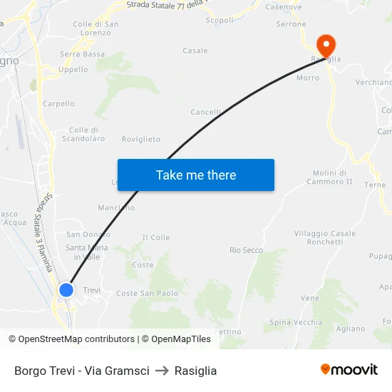 Borgo Trevi - Via Gramsci to Rasiglia map
