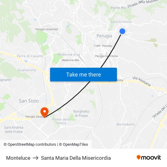 Monteluce to Santa Maria Della Misericordia map