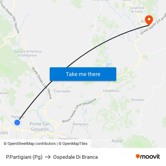 P.Partigiani (Pg) to Ospedale Di Branca map