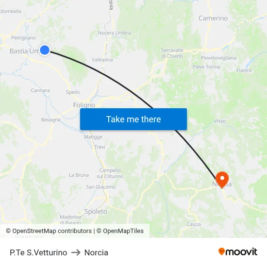 San Vetturino Bridge to Norcia map