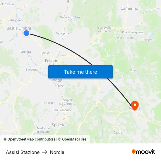 Assisi Station to Norcia map