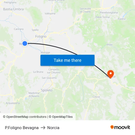 Foligno Bevagna Square to Norcia map
