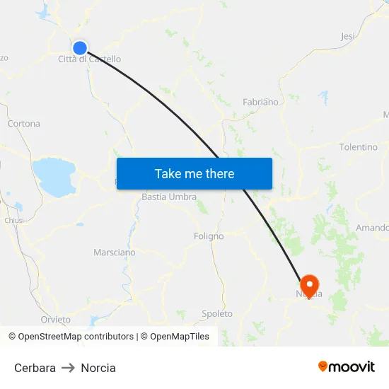 Cerbara to Norcia map