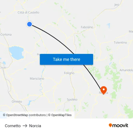 Cornetto to Norcia map