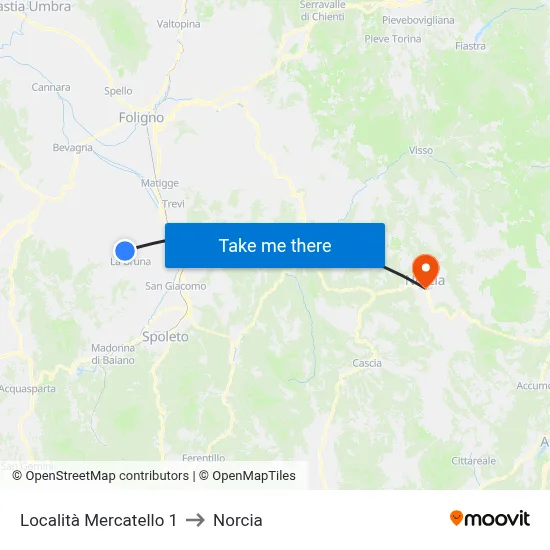 Mercatello Location 1 to Norcia map