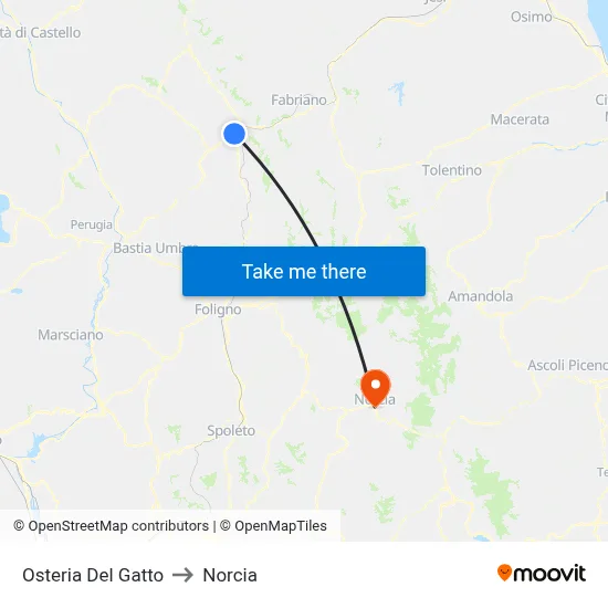 Cat's Inn to Norcia map
