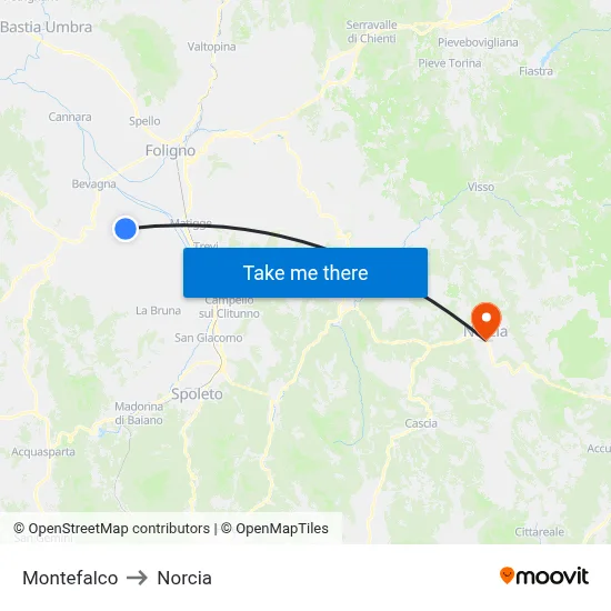 Montefalco to Norcia map