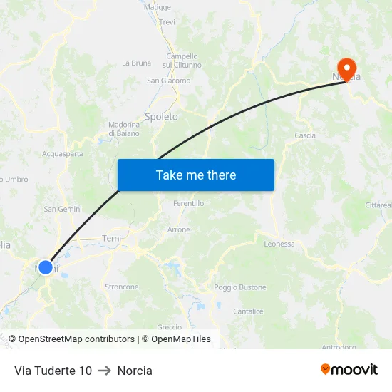 Via Tuderte 10 to Norcia map
