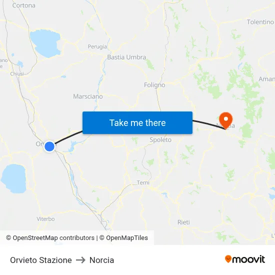 Orvieto Station to Norcia map