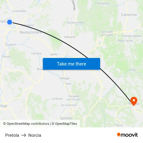 Pretola to Norcia map