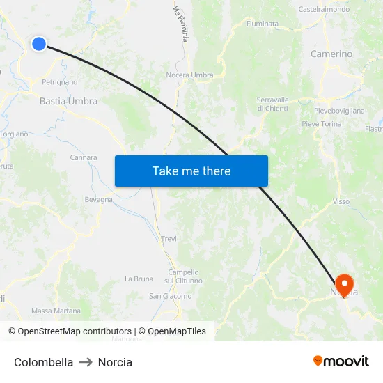 Colombella to Norcia map