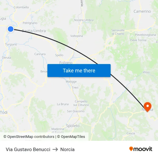 Via Gustavo Benucci to Norcia map
