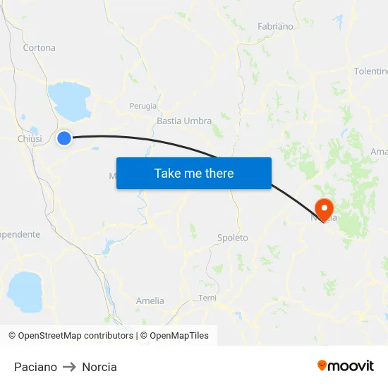 Paciano to Norcia map