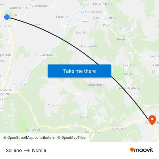 Sellano to Norcia map