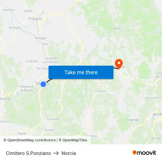 San Ponziano Cemetery to Norcia map