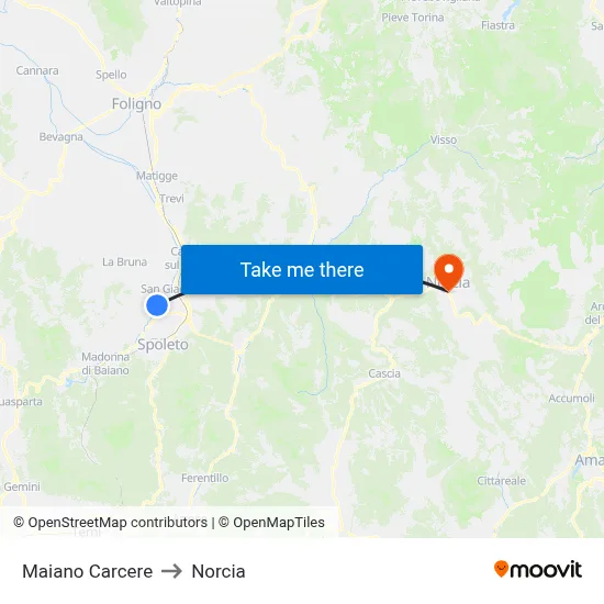 Maiano Prison to Norcia map