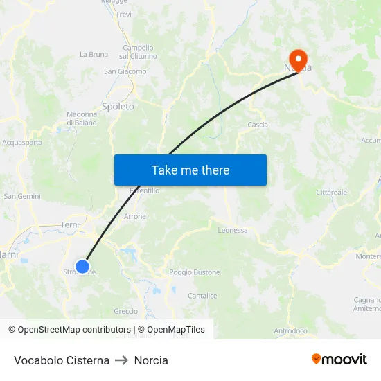 Cisterna Hamlet to Norcia map