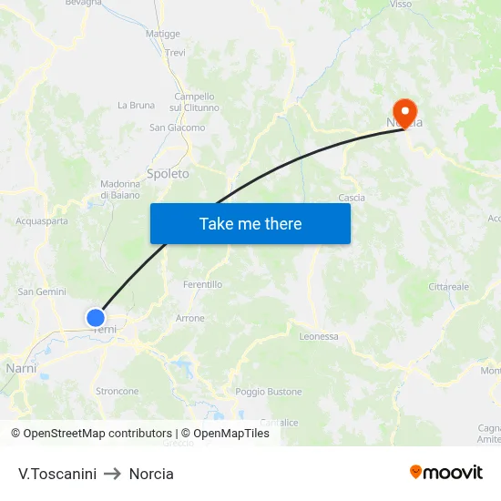 Via Toscanini to Norcia map