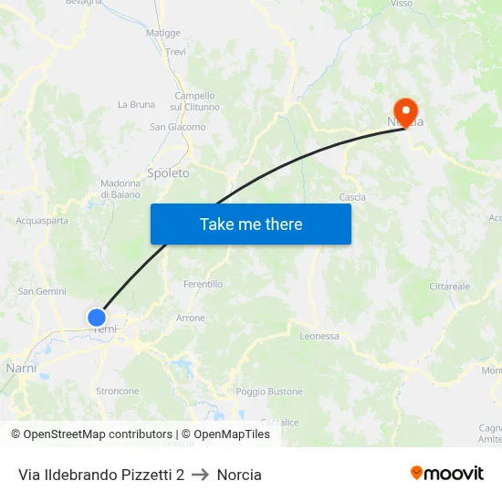 Via Ildebrando Pizzetti 2 to Norcia map