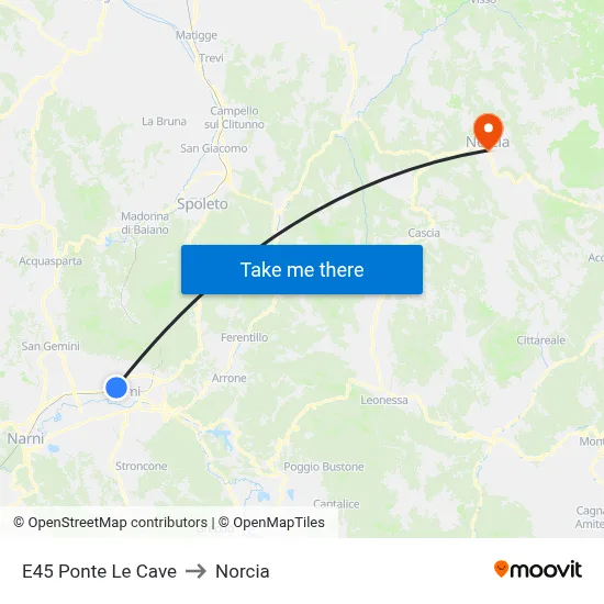 E45 Le Cave Bridge to Norcia map