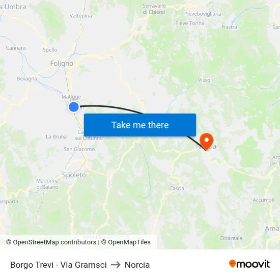 Borgo Trevi - Via Gramsci to Norcia map