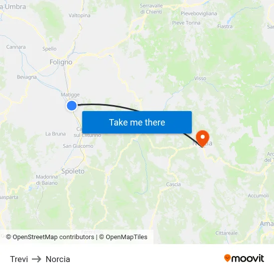 Trevi to Norcia map