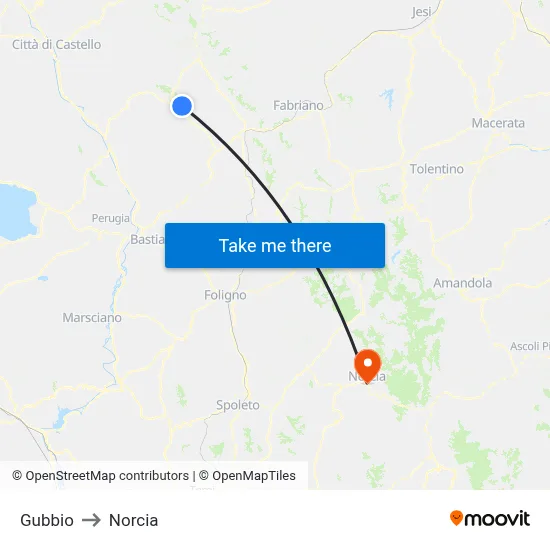 Gubbio to Norcia map