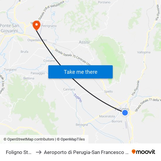 Foligno Stazione to Aeroporto di Perugia-San Francesco d'Assisi (PEG) map