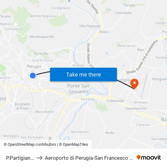 P.Partigiani (Pg) to Aeroporto di Perugia-San Francesco d'Assisi (PEG) map