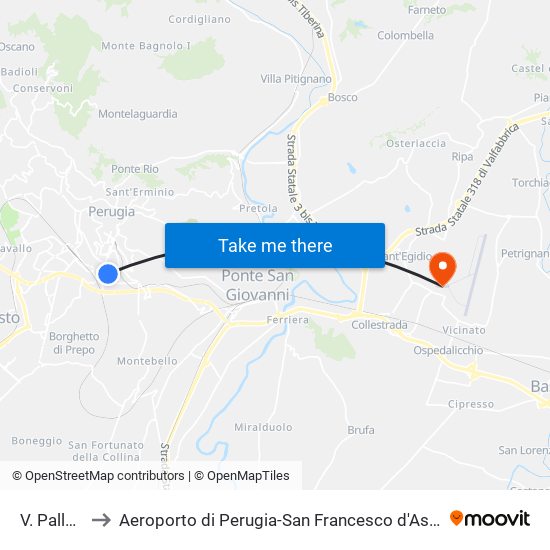 V. Pallotta to Aeroporto di Perugia-San Francesco d'Assisi (PEG) map