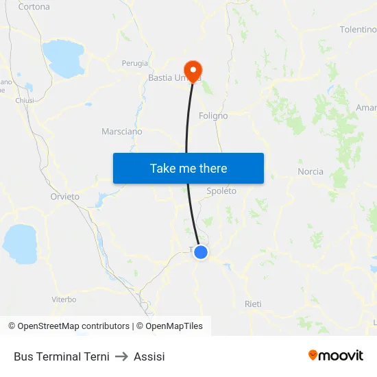 Bus Terminal Terni to Assisi map
